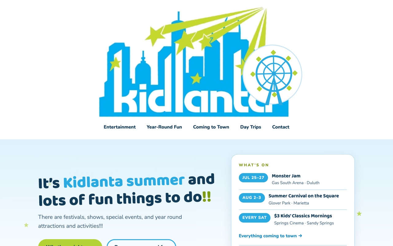 Kidlanta.com homepage: illustrated Atlanta-skyline wordmark with a spinning ferris wheel, site navigation, and a What's On events rail